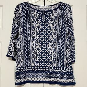 Susan Graver Liquid Knit Blue & White Printed Keyhole Tunic, Size M